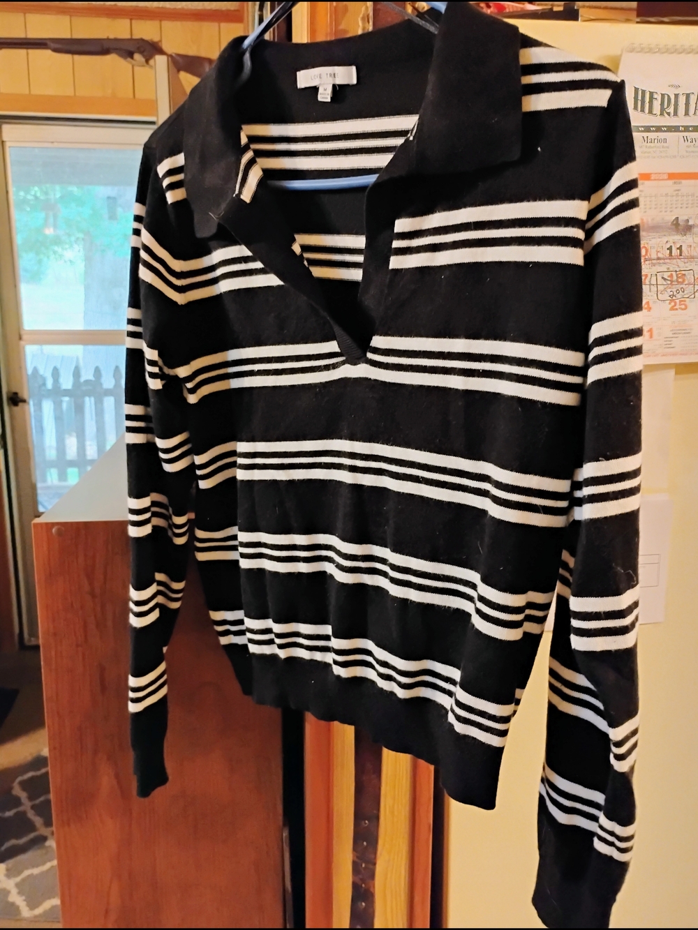 Love Tree Black and White Striped Collared Knit Top